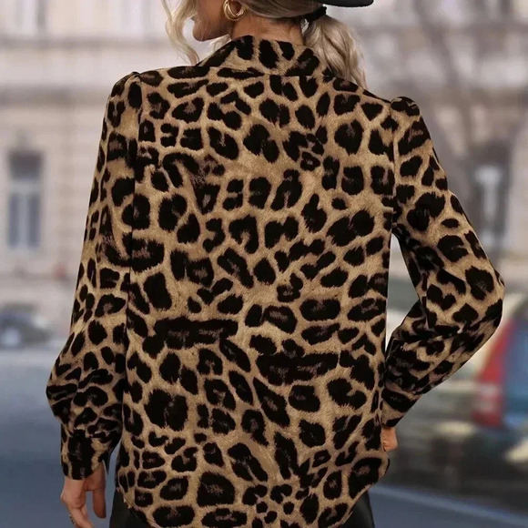 Brown Sexy Women's Leopard Print Puff Sleeve Shirt - Picture 2 of 5